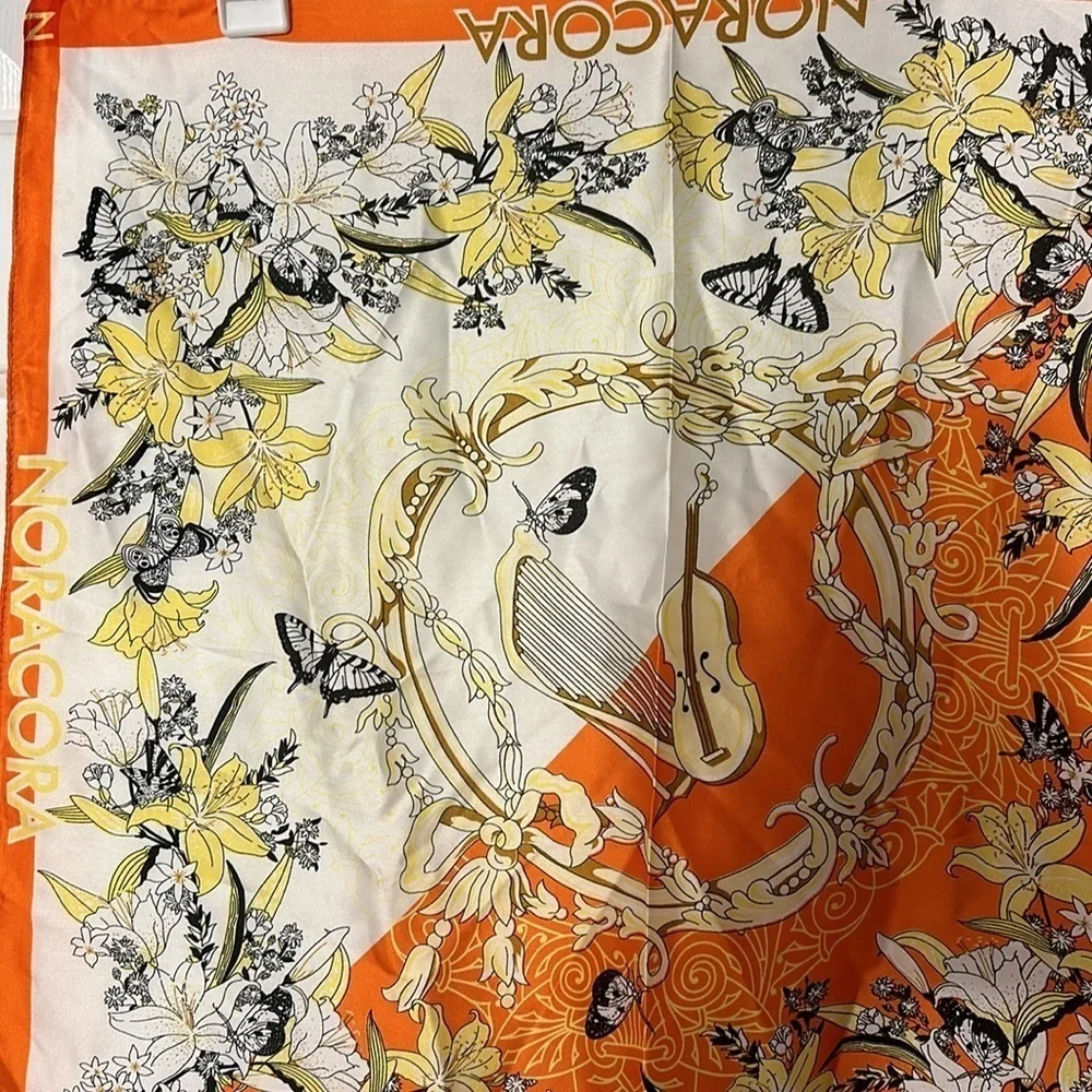 Vintage NORACORA Violin, Butterflies Print Orange Silk Square Scarf, 21